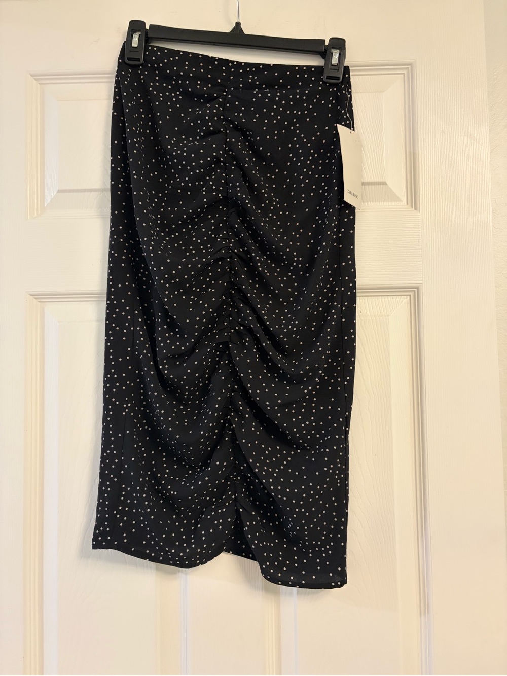 NWT Zara Black Polka Dot Ruched Midi Skirt